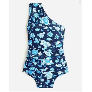 J.CREW One Shoulder One Piece Swimsuit Size 24/3X Ruched Blue Floral Swimwear